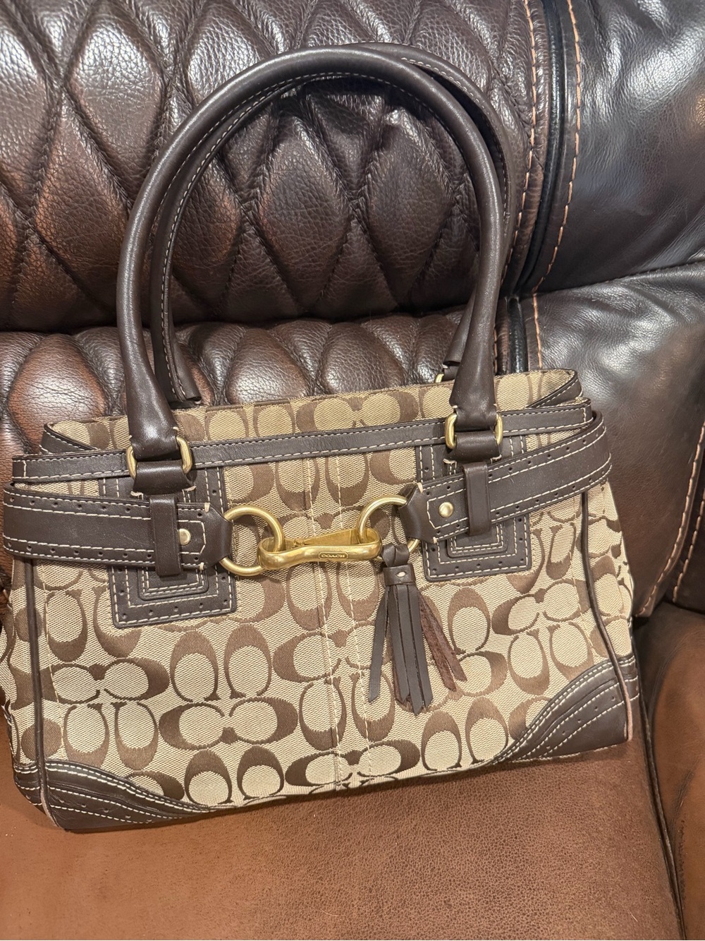 Coach Brown Signature Canvas Tote with Dark Brown Leather Trim